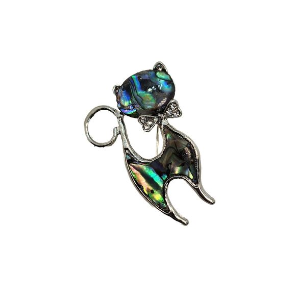 Alley Cat Iridescent Enamel Blue Brooch Pendant  Bow Tie Silver Tone Sleek 2" - Picture 16 of 16